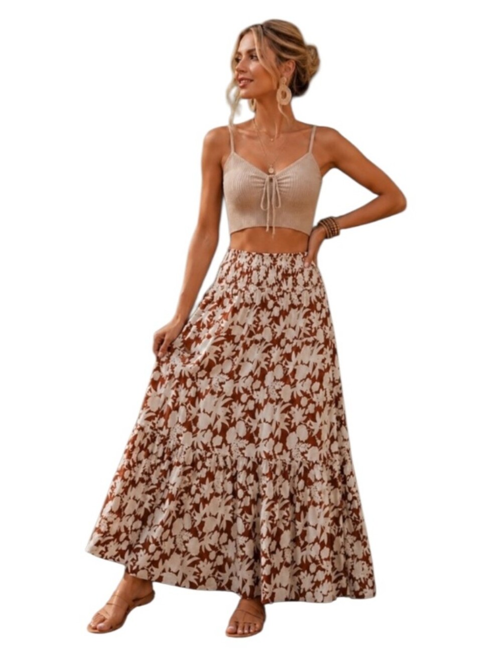 Universal Thread | Brown and Cream Floral Goring Waist Midi Skirt Size Large